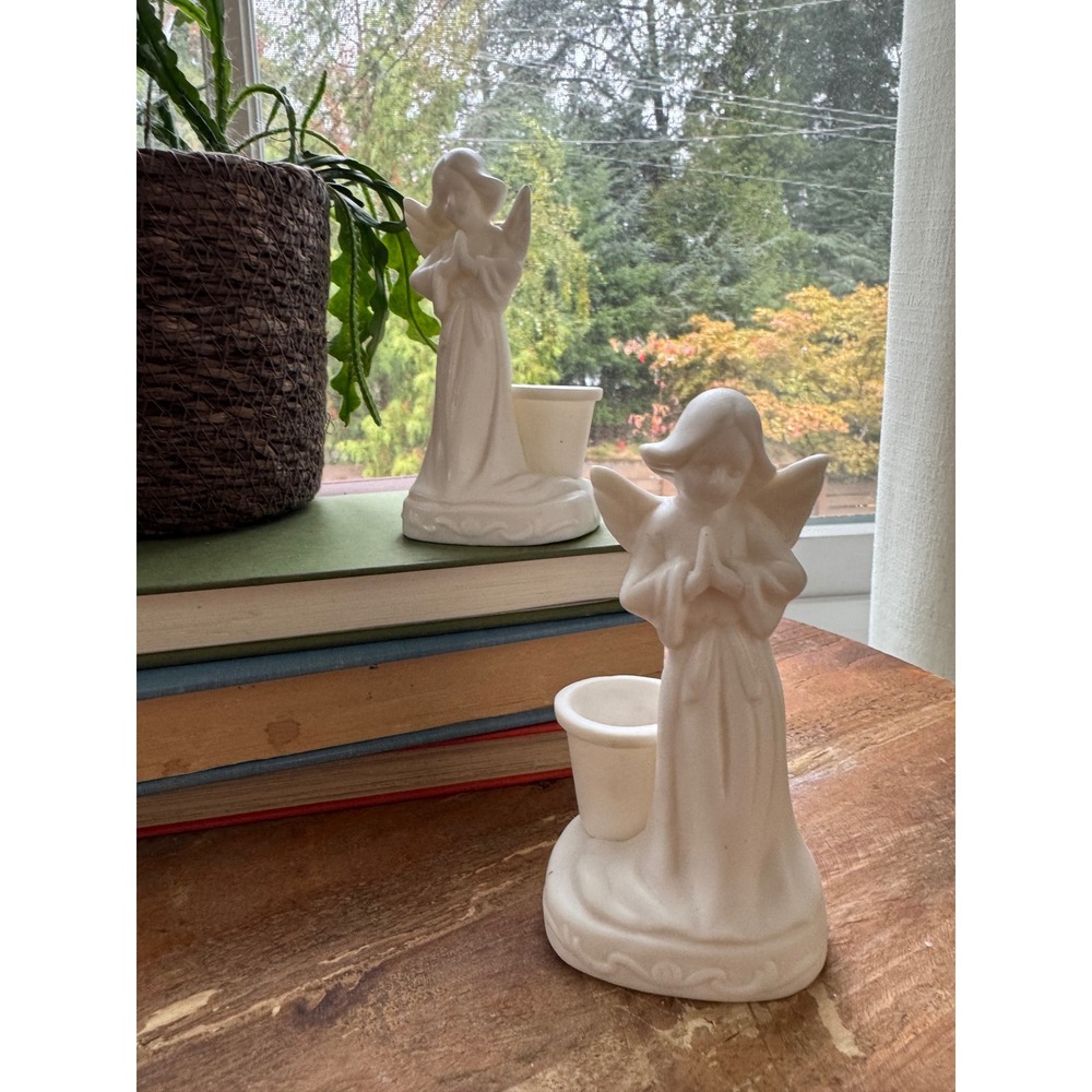Vintage White Bisque Praying Angel Candle Holders Set of 2 Christmas Holt Howard